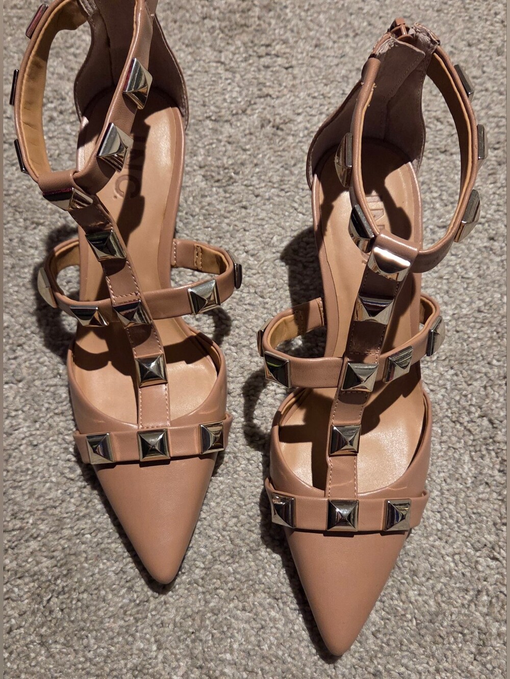 INC International Concepts Nude Tan Studded Pointed-Toe Strappy Heels